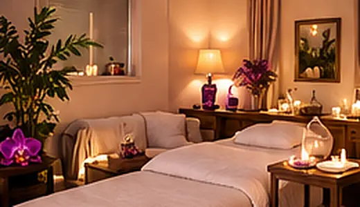 A calm treatment room with a spa bed, candles, an orchid and warm lamp light